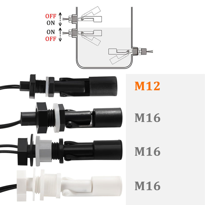 KUOQIY 2 x M12 10 W Water Level Sensor, PP Side-Mounted Horizontal Liquid Float Switch, Water Liquid Level Sensors, with Spring Wire Connector, for Tank Pool, Black M12 – Schwarz – 2 Stücke