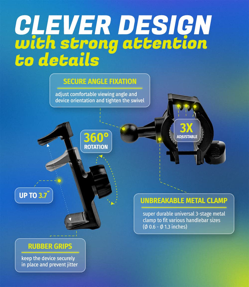 Metal Bike & Motorcycle Phone Mount for Any Smartphone (iPhone 16 Pro Max/e, Galaxy S25). Unbreakable Handlebar Cell Phone Holder for Bike, Scooter, Bicycle Phone Mount. x10 to Safeness & Comfort Metal (Aluminium)
