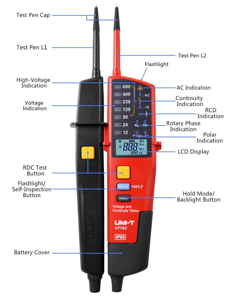 Voltage Tester UNI-T Multifunction Waterproof Digital Voltage Meter Voltmeter Voltage Tester 12V~690V AC/DC Automatic Range LCD Display UT18C