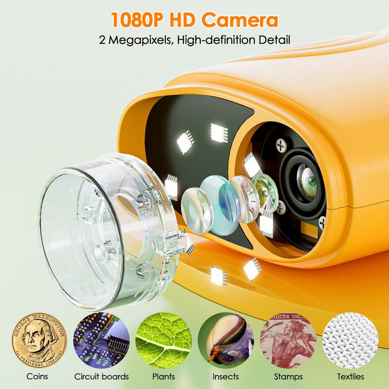 Temodu Kids Microscope 2.0" Screen 1000X Digital Microscope for Kids, Mini Pocket Handheld Microscopes for Children Birthday Festival Gift, Science Education Fun Toys for Boys Girls Ages 4-12 (Yellow) Yellow