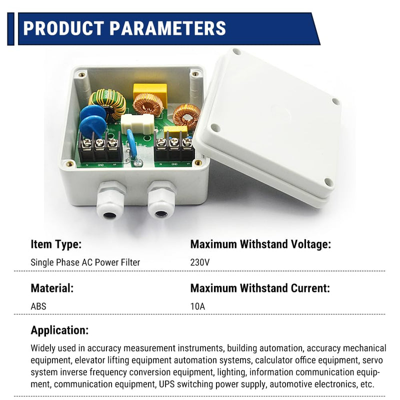 [AUSTRALIA] - Uadme Single Phase Mains Filter, 230V 10A EMI Filter, Single Phase AC Filter, Waterproof EMI Mains Filter, Stable Conductivity, Interference Free 