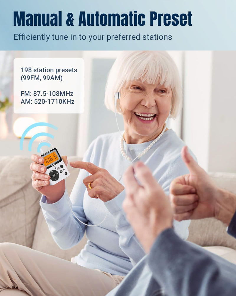 PRUNUS Pocket AM FM Radio Portable with Stereo Earphone, Battery Operated Radio by 2 AAA, Manual Preset, Large Screen, Lock Key Walkman Radio, Sleep Timer, Mini Radio, Digital Radio J-159(No Speaker)