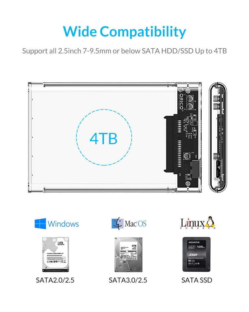 ORICO 2.5'' USB 3.0 External Hard Drive Enclosure USB3.0 to SATA Portable Clear Hard Disk Case for 2.5 inch 7mm 9.5mm SATA HDD SSD Max 4TB Support UASP and Tool-Free(2139U3)