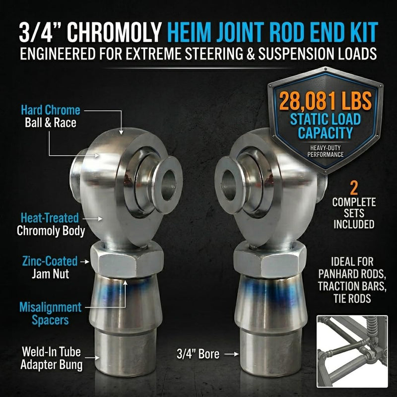 [AUSTRALIA] - Heavy Duty 3/4" Heim Joints Kit, 28,081 lbs Load Chromoly Rod End Set for Panhard Bar, Traction Bars & Steering Linkage, 3/4-16 RH/LH Thread with 1.25" OD Tube Adapters & Misalignment Spacers - 1 Set 3/4-16(RH+LH) Style D 2 