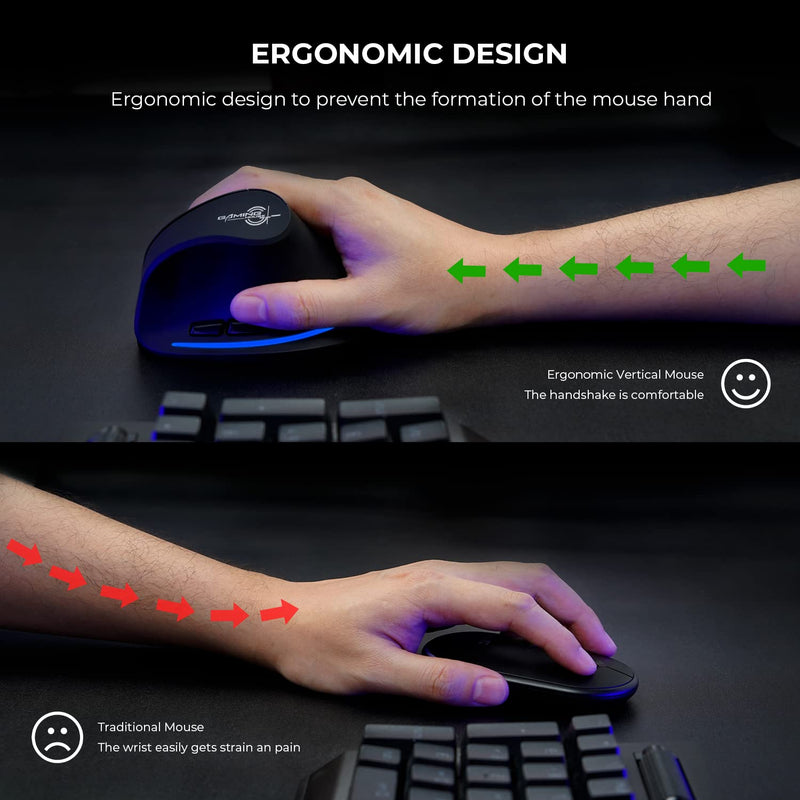 ECHTPower Rechargeable Ergonomic Mouse, 2.4G Wireless Vertical Mouse-Reduce Wrist Pain, 3 Adjustable DPI 2400/1600/1000, 6 Button, LED Wireless Mouse for Laptop, Computer, Desktop, Windows, Mac OS