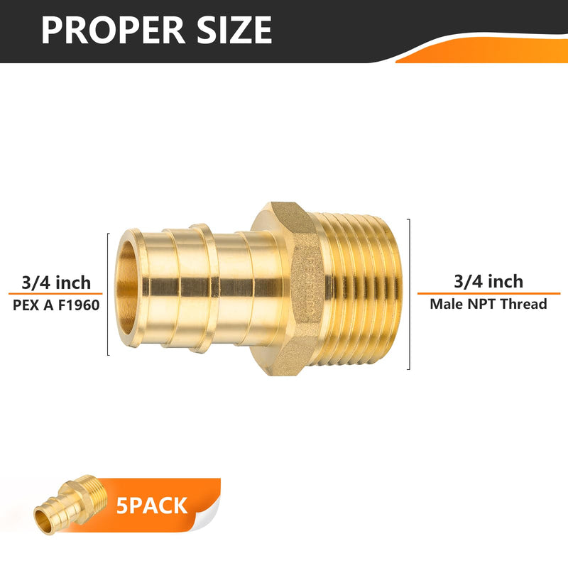 [AUSTRALIA] - 5-Pack HeSun PEX A Expansion Fitting, 3/4 Inch Male Thread Adapter,3/4" Male NPT x 3/4" Pex Expansion Adapter,ASTM F1960(PEX1960018-5) 3/4 Inch,5 Pack Male Adapter 