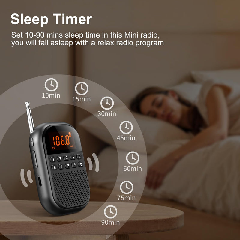 [AUSTRALIA] - Pocket AM FM Radio:1100mAh Rechargeable Radio Supports Bluetooth, Mini FM AM Receiver with Large Speaker, Stereo Earphone, Sleep Timer, Easy to use for Jogging, Walking Black 