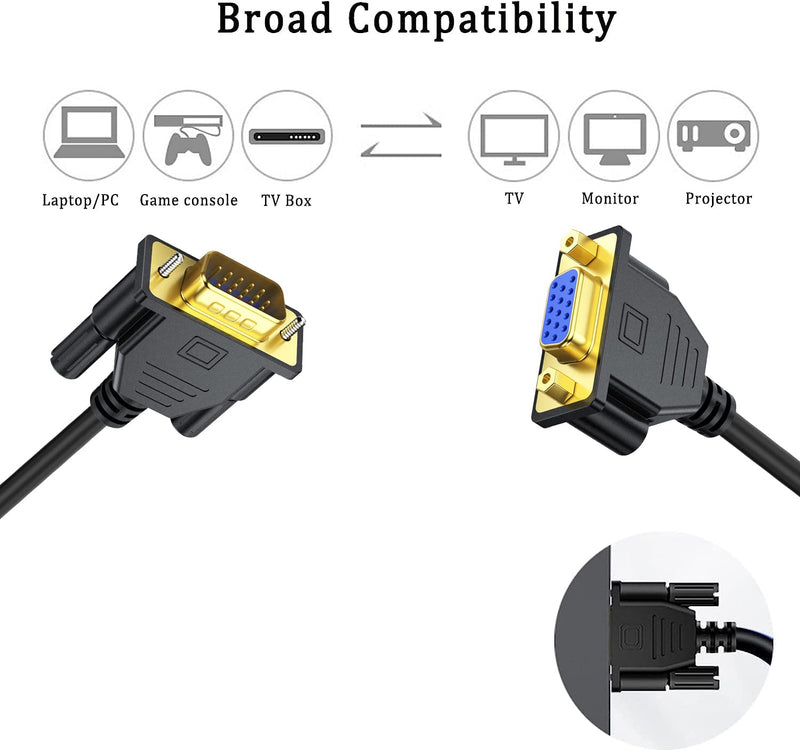 VGA Extension Cable, VGA Cable Male to Female 6 Feet (VGA 15 Pin), SVGA Male to Female HD15 Monitor Video Adapter Cable Support 1080P Full HD for Laptop, PC, Projector, HDTV, Display 1 6.6FT