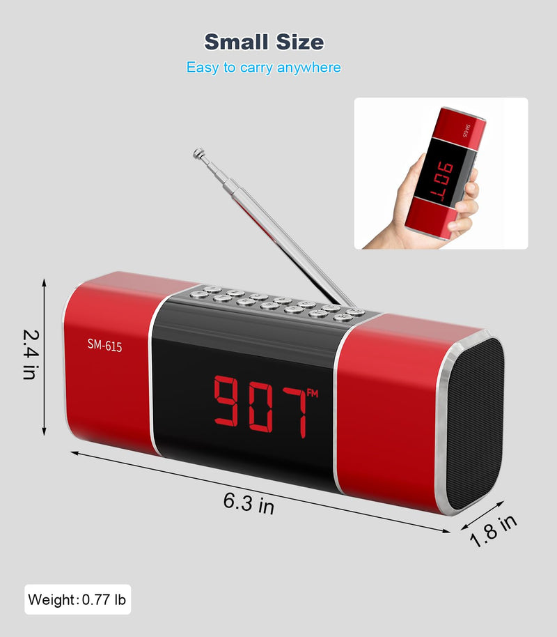 SEMIER Small Digital FM Radio with Bluetooth Speaker, Portable Rechargeable USB/SD Card MP3 Player Radio with Wireless Speaker and Headphone Jack for for Home/Outdoor Red