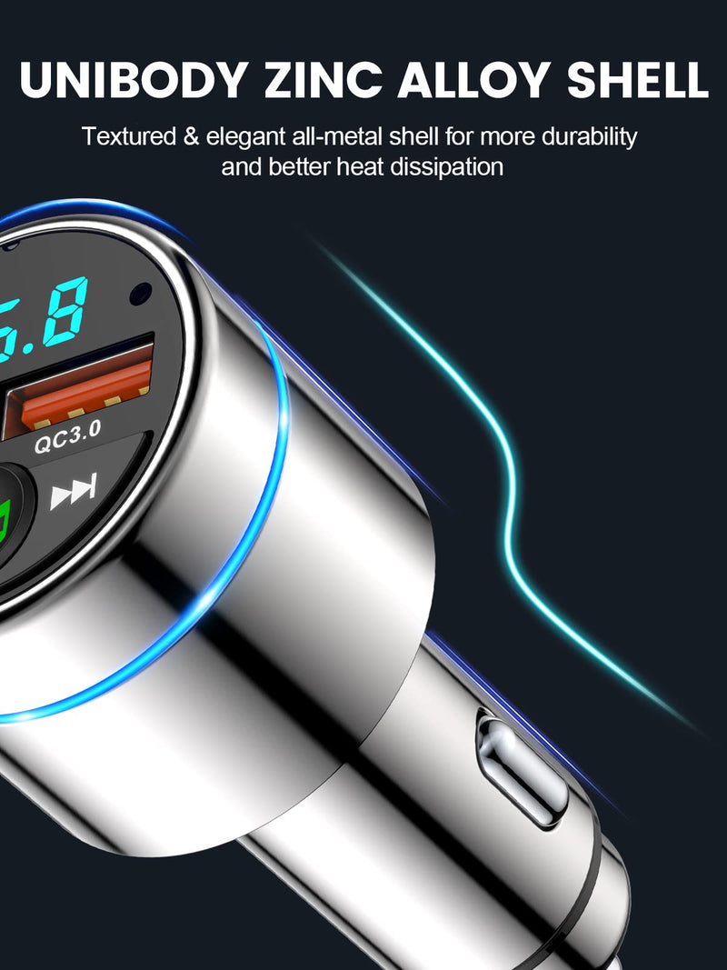 FM Transmitter for Car Bluetooth 5.3, All-Metal PD 20W & QC3.0 18W Fast Charger, Wireless FM Radio Car Kit Bluetooth Adapter, Noise Cancelling Hands-Free Call, Hi-Fi Music, Ring Light
