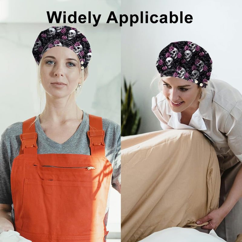 DELORIGIN Bouffant Hats with Skull and Rose Motif, Adjustable Work Cap, Cotton, for Nurses, Doctors and Surgery Hat with Button and Sweatband for Nurses and Cooking Skull Rose