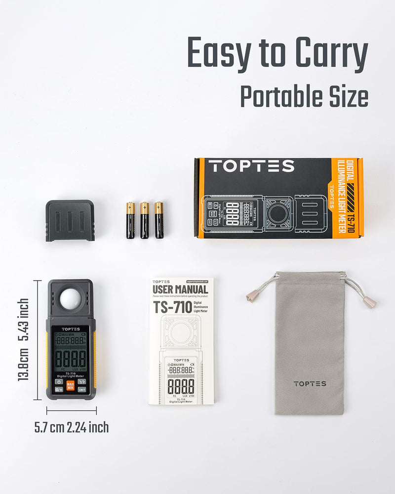 [AUSTRALIA] - TS-710 Light Meter, Lux/Foot Candles Meter with 180º Rotating Sensor, 0.1~200,000 Lux Range, Large Backlit Display, Light Meter for Plants, Car Headlights, Home & Office LEDs (Includes Battery) 
