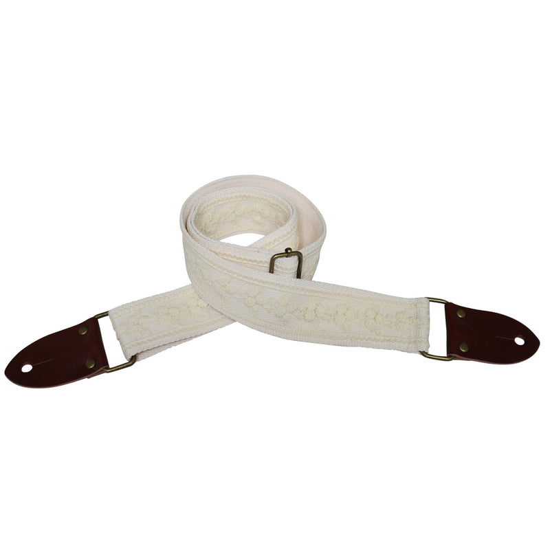MUSIC FIRST Original Design, 2 inch width (5cm), Cream Lace Electric Guitar Strap Bass Strap With Genuine Leather Strap End (The Leather Made In Italy) (Cream Lace)