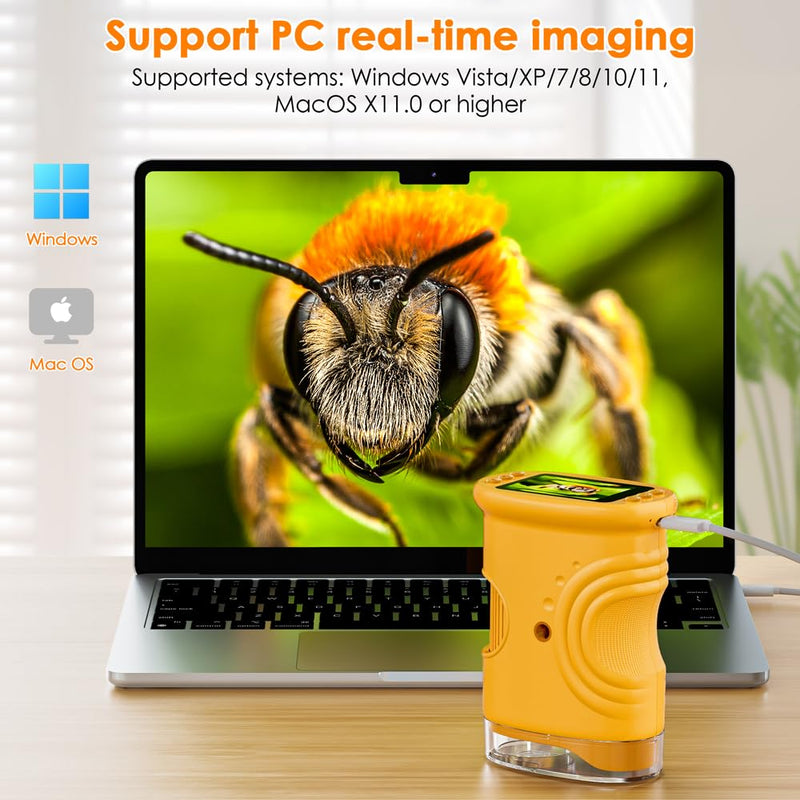 Temodu Kids Microscope 2.0" Screen 1000X Digital Microscope for Kids, Mini Pocket Handheld Microscopes for Children Birthday Festival Gift, Science Education Fun Toys for Boys Girls Ages 4-12 (Yellow) Yellow