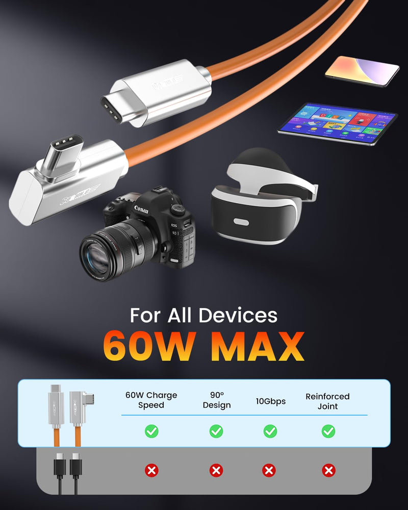 Fiber Optic USB C Tethering Cable 30 FT, 10Gbps 60W Right Angle Tether Cord | Bidirectional Data Transfer&German SiliconLine Chip Long Camera Tether Cable, Zero Data Loss for Sony Canon Nikon Computer VR Orange 30FT