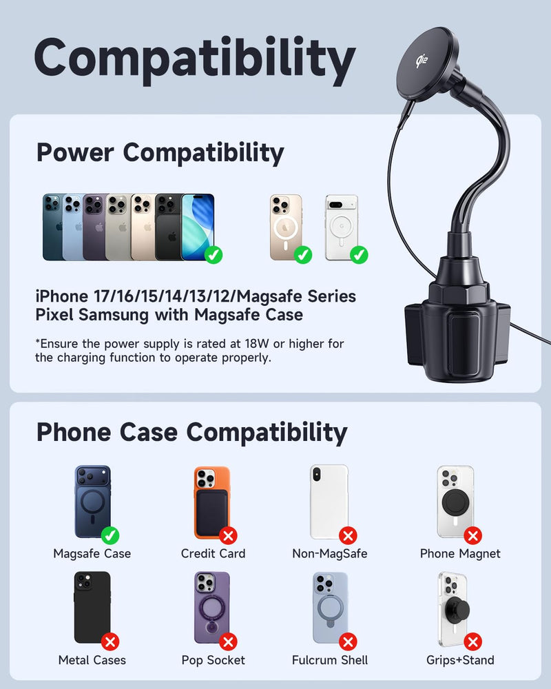 Upgraded Qi2 15W for Magnetic Cup Holder Charger, [More Stable & Faster Charging] Magnetic Car Mount Charger 15W Fast Charging with Adjustable Gooseneck for iPhone 17 Pro Max Air 16-12 Series