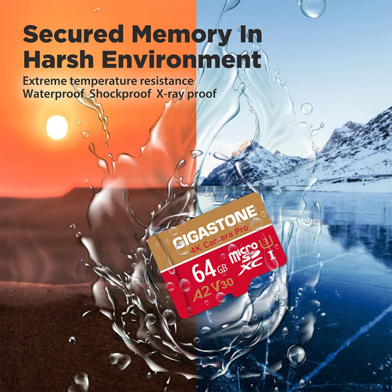 Gigastone 64GB 2-Pack Micro SD Card, 4K Camera Pro for GoPro, Security Camera, Wyze, DJI, R/W up to 95/35MB/s MicroSDXC Memory Card UHS-I U3 A2 V30