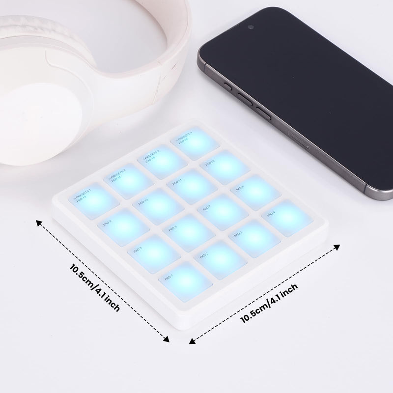 M-VAVE Wireless MIDI Controller Pads, 4.1 * 4.1 Inch, 0.28 LBS, Bluetooth Portable USB with 16 Drum, Note Repeat, Full Level Buttons, Rechargeable battery (White Pocket) White Pocket