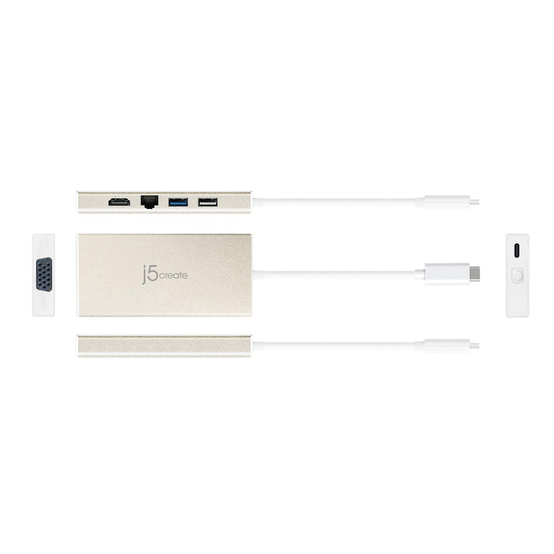 j5create USB-C 3.1 Mini Hub- USB 3.1/3.0/2.0| HDMI 1920 x 1200 @ 60 Hz/VGA 1920 x 1200 @ 60 Hz | Gigabit Ethernet | Compatible with USB C Devices