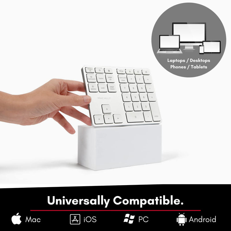 Macally Bluetooth Number Pad for Laptop - Rechargeable Wireless Numeric Keypad - Slim 35 Key Wireless Number Pad for Data Entry, 10 Key Numpad Compatible with MacBook, iPad, Laptop, Windows, Android Silver