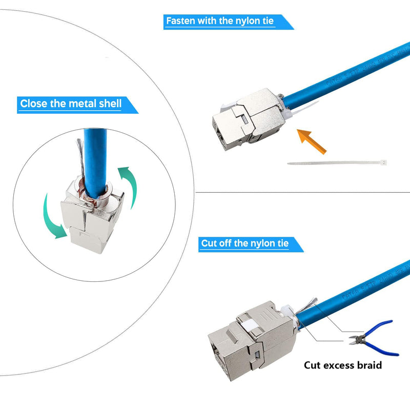 24 Pcs Cat7 Cat6a Keystone Jack Cat 7 RJ45 STP Tool-Less Type Zinc Alloy Module Jacks Adapter Coupler for 22 to 26 AWG Solid or Stranded S/FTP Ethernet Cable 24 Pcs