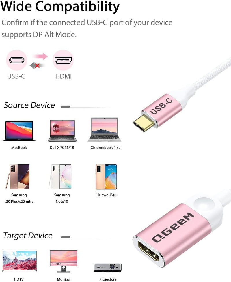 QGeeM USB C to HDMI Adapter 4K Cable, USB Type-C to HDMI Adapter [Thunderbolt 3/4] for Laptop MacBook Pro/Air, iPhone15 Pro max, Dell XPS, HP.Pixelbook, Thinkpad,Surface,etc.-Pink-2Packs Pink-2 PCS