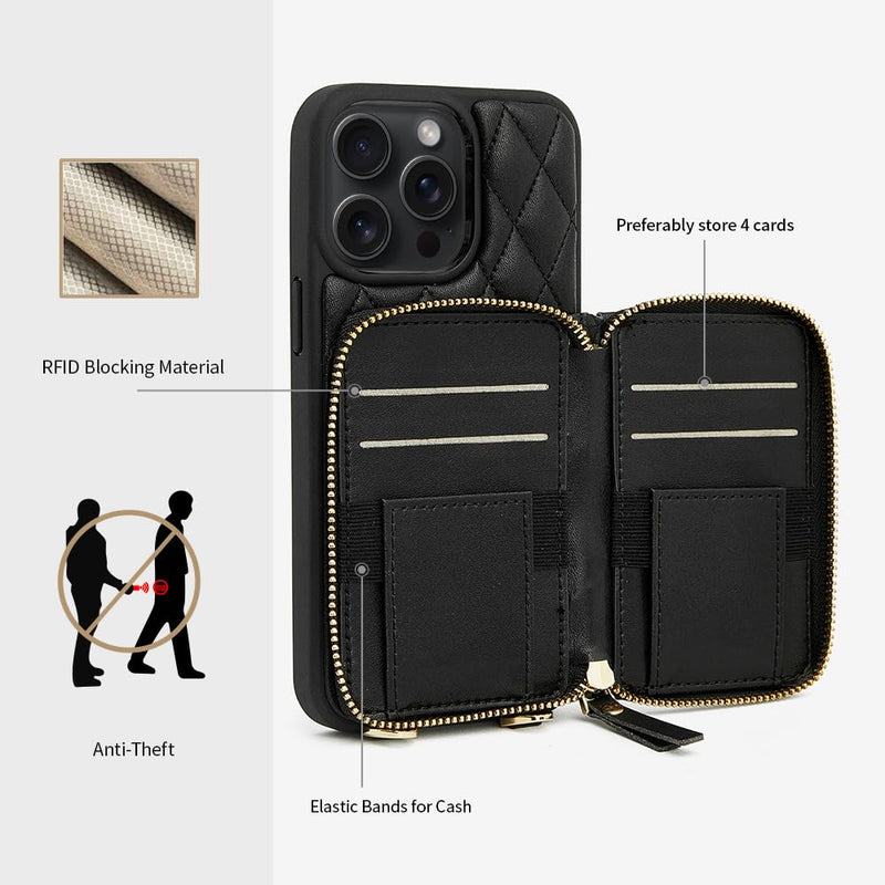 LAMEEKU for iPhone 14 Pro Max Wallet Case, Card Holder Case Crossbody Purse for Women Quilted Leather RFID Shockproof Cover Compatible with iPhone 14 Pro Max, 6.7 Inch-Black iPhone 14 Pro Max 6.7" Black-01