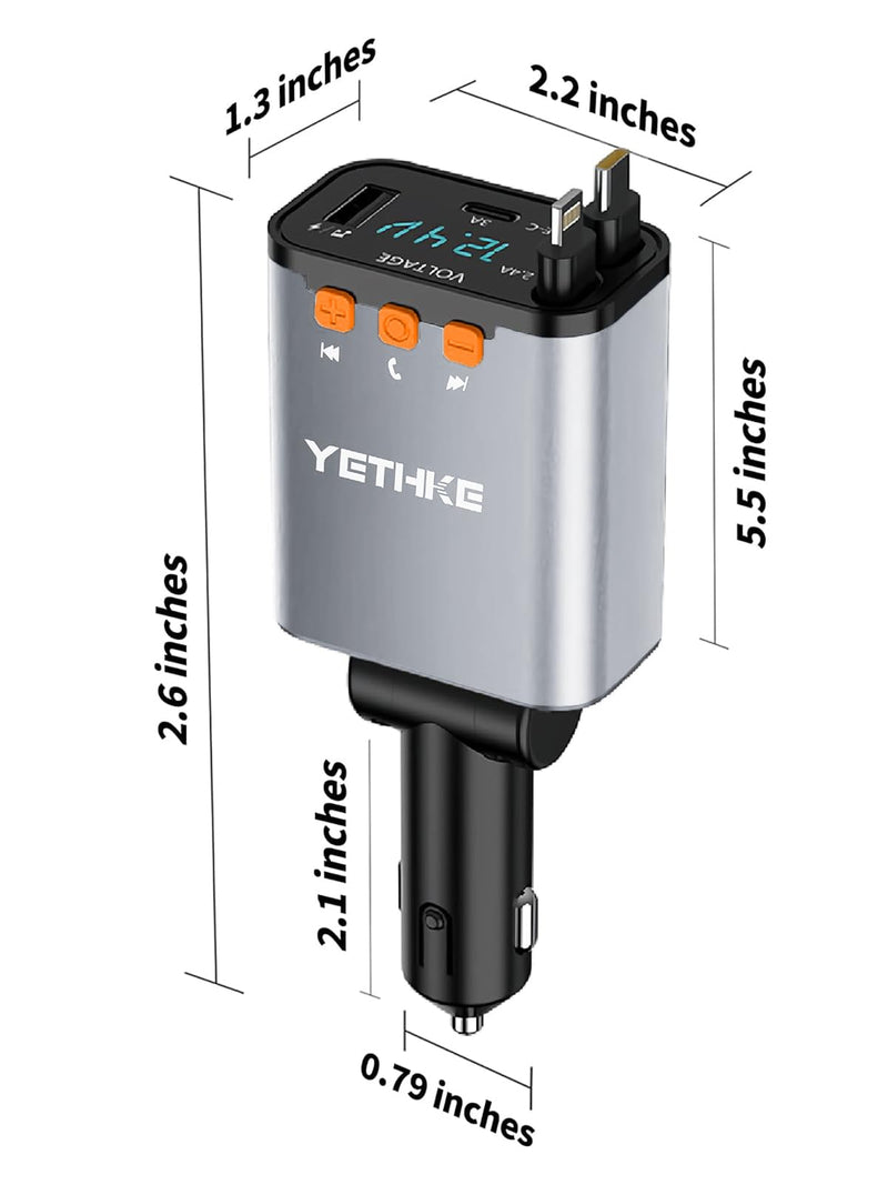 [AUSTRALIA] - Bluetooth Car Adapter with Retractable Charger,[Upgrade] Bluetooth 5.4 FM Transmitter for Cars, 4 in 1 Fast Car Charger 69W, Handsfree Call, 2*Retractable Cable for iPhone 17/16/15/14, Galaxy-Silver Silver 