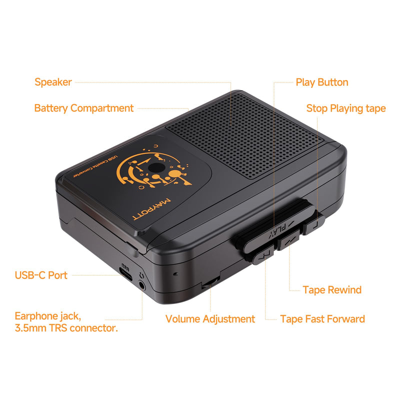 Portable Walkman Cassette Player Converter, Cassette to Digital Converter via USB, Compatible with PC/Laptops, Built-in Speaker&Headphone, Full Stereo Sound,Convert Walkman Tape to MP3/iPod Format