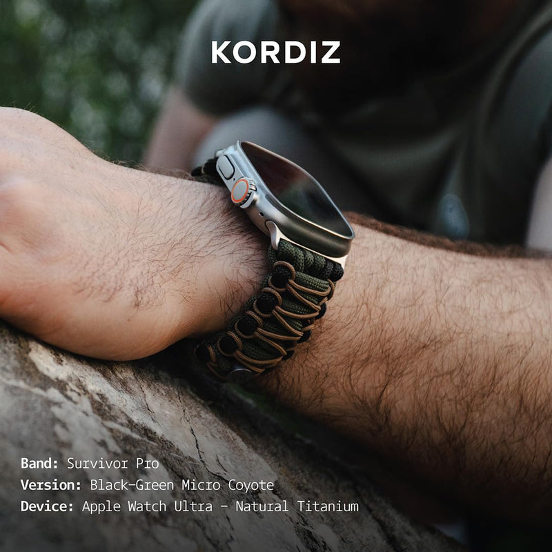 KORDIZ Survivor Pro - Nylon Paracord band for Apple Watch ULTRA 3, ULTRA 2/1 [49mm] & Series 11, 10, 9, 8, 7-1, SE3, SE2, SE [46mm 45mm 44mm 42mm] - with Stainless Steel Adjustable Shackle Black/Green & Micro Coyote Ultra Silver | Size M