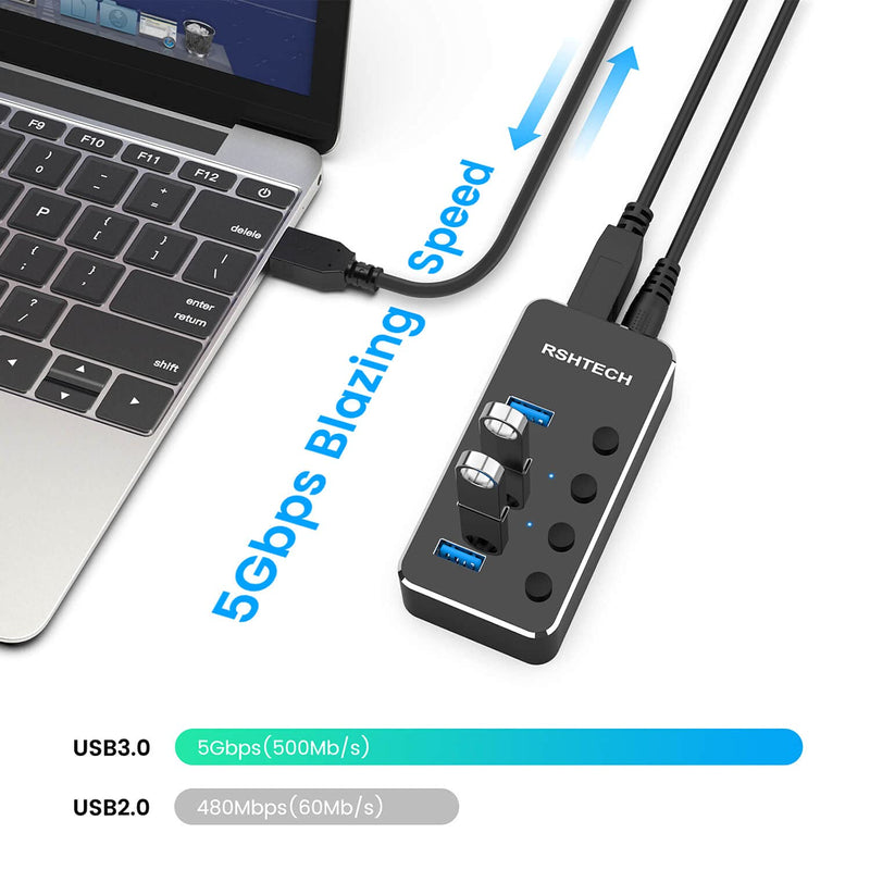 RSHTECH 4 Port Powered USB 3.0 Hub with 5V Adapter + ROSONWAY 4 Ports USB 3.1 Gen 2 Hub 10Gbps with 5V Power Adapter