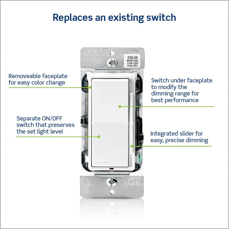 [AUSTRALIA] - Leviton Decora Slide Dimmer Switch for Dimmable LED, Halogen and Incandescent Bulbs, DSL06-1LZ, White with Ivory and Light Almond Faceplates 1 Pack 