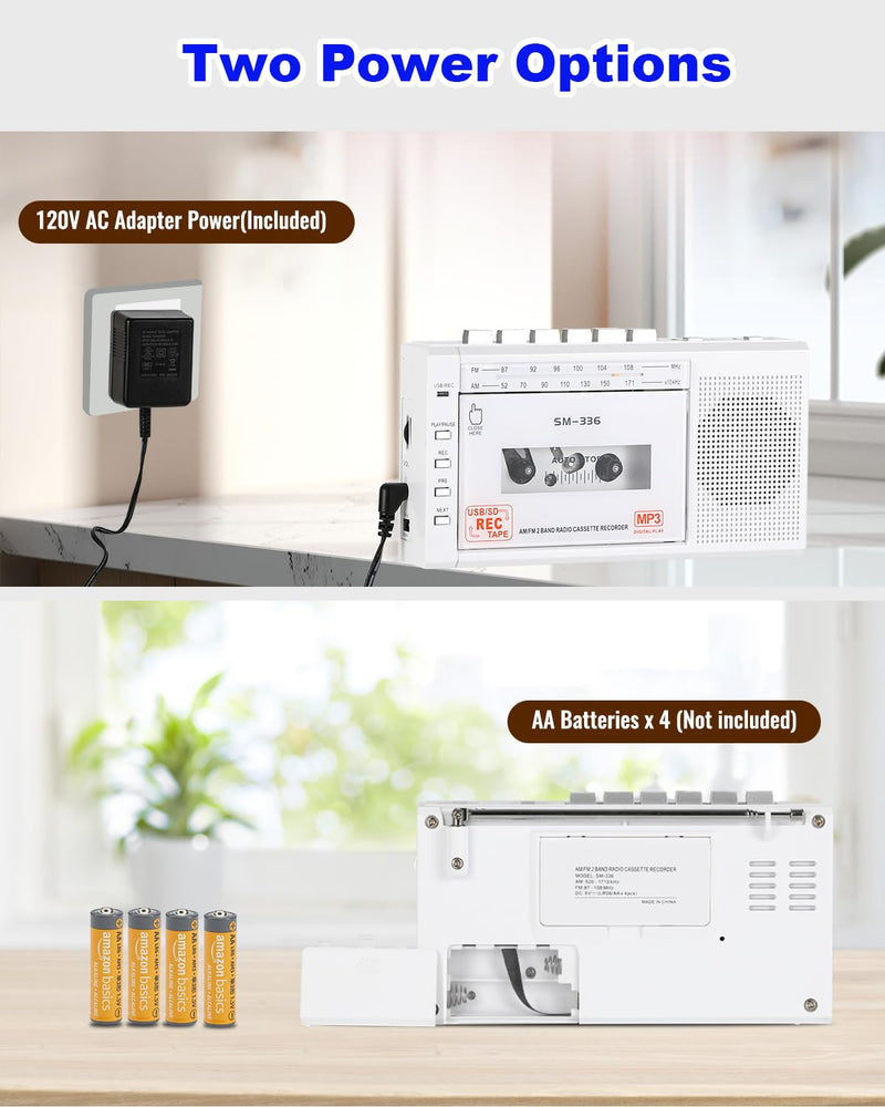 [AUSTRALIA] - Portable Cassette Tape Player to Digital Converter via USB/SD Card, Record to Cassette/U Disk/SD Card via Mic, Power by AC or AA Battery, Portable Cassette Recorder with Speaker and Headphone Jack White 
