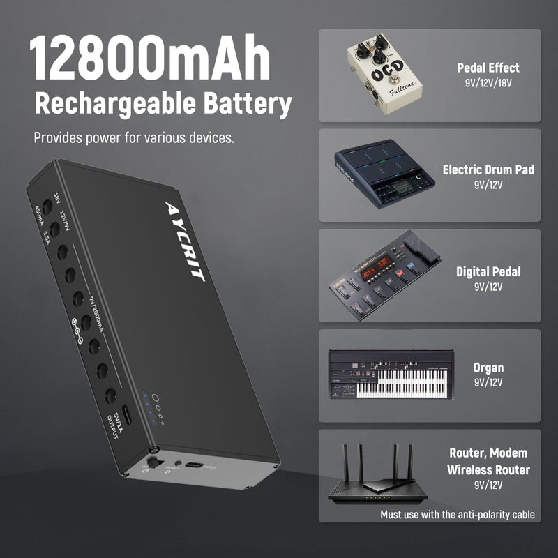 [New Version] AYCRIT Guitar Pedal Power Supply, Rechargeable 12800mAh 9 Outputs 9V2A/12V1.5A/18V450mA and 5V2A Type-C Port for iPhone ipad (MUSTAN-01) Style MUSTAN-01