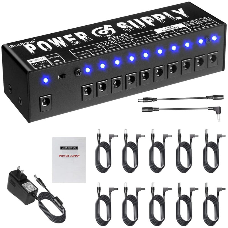 Guitar Pedal Power Supply 10 Isolated DC Outputs for 9V/12V/18V Guitar Effect Pedal GD-01