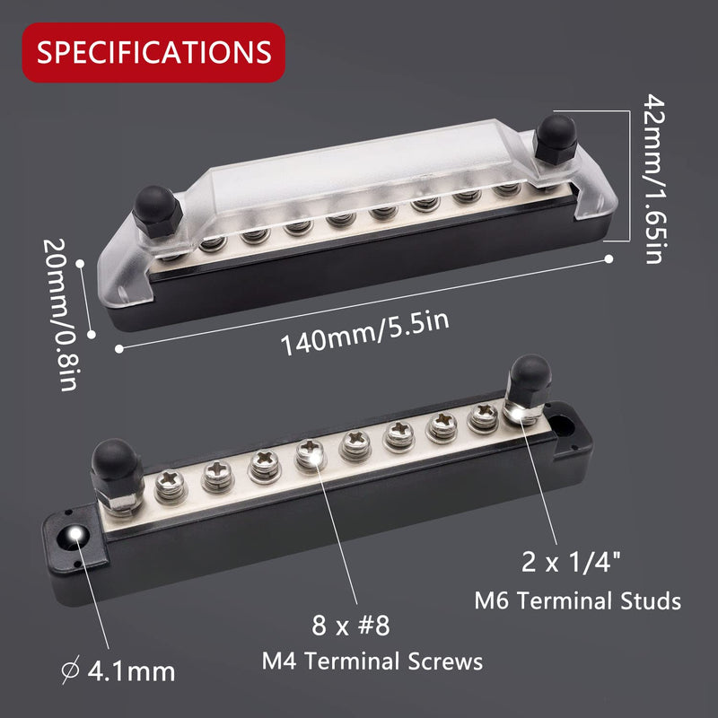 12V Bus Bar Marine 2 x 1/4" (M6) Terminal Studs,8 x M4 (#8) Terminal Screws,12V Power Distribution Block with Cover and Ring Terminals, Battery Bus Bar for Car and Boat (Black+Red) Q-O-038-10-A 2 x 1/4"(M6) Studs & 8 x #8(M4) Screws