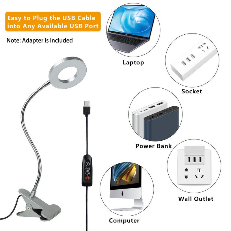 DLLT Dimmable Clip on Reading Light, 48 LED USB Bed Night Lights with 3 Colors, 15 Brightness Level Book Light Flexible Clamp for Makeup Mirror, Desk, Bedside, Headboard, Piano, Computer Light(Silver) Silver