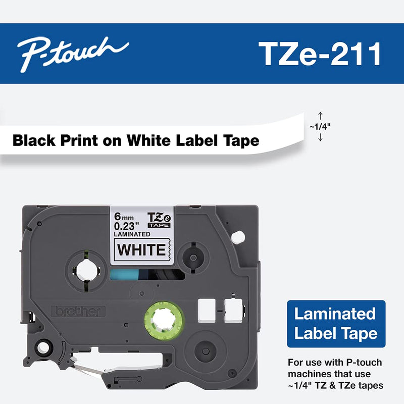 Brother Genuine P-touch TZE-211 Label Tape 1, 1/4" (0.23") Standard Laminated P-touch Tape, Black on White, Laminated for Indoor or Outdoor Use, Water Resistant, 26.2 Feet (8M), Single-Pack 1/4"