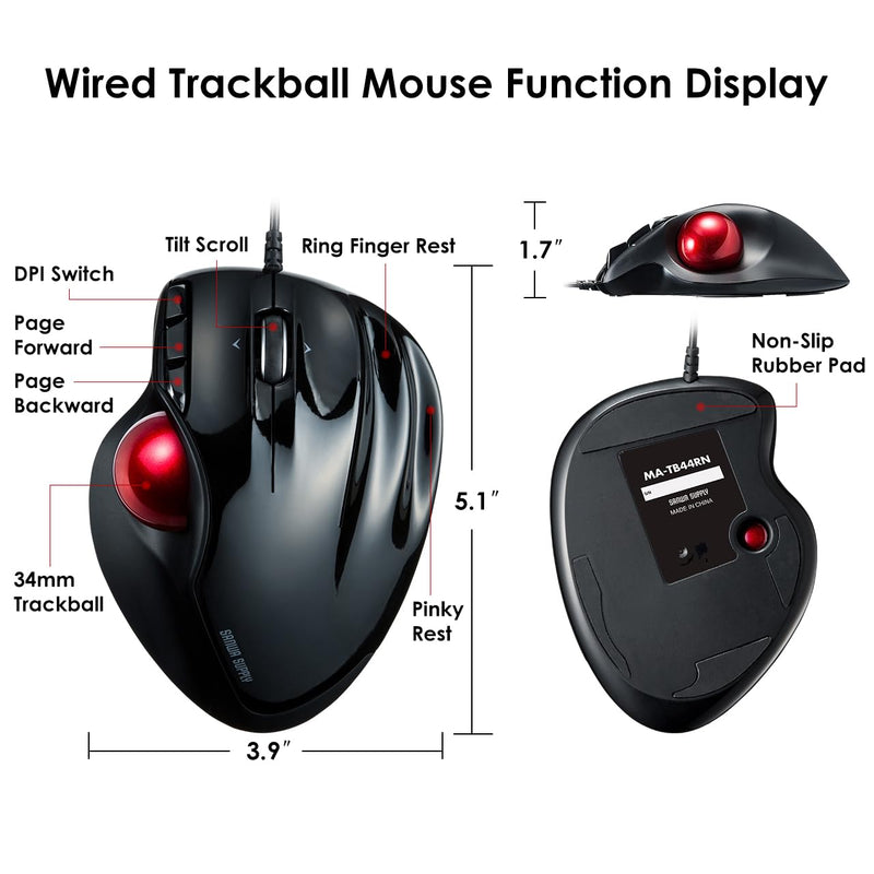 SANWA Wired Trackball Mouse GMATB44BKN + Orange 34mm Trackball Replacement Ball Set, Computer Rollerball Mice, 400/800/1200/1600 DPI, Compatible MacBook, Laptop, Windows, macOS, Chrome OS