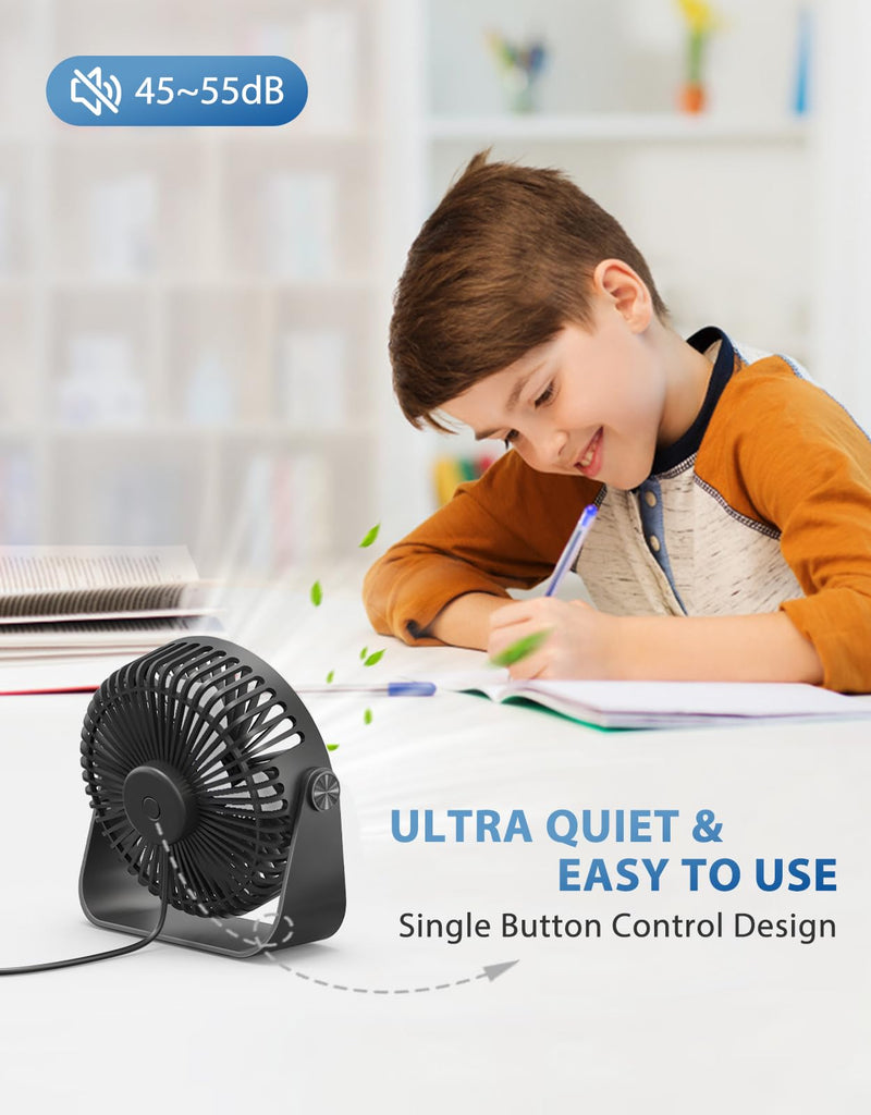 TriPole USB Desk Fan 4.5 Inches Portable Mini Fan Powerful 3 Speeds Wind Personal Desktop Fan with 360° Head Rotation for Home Office Car Indoor Outdoor Black