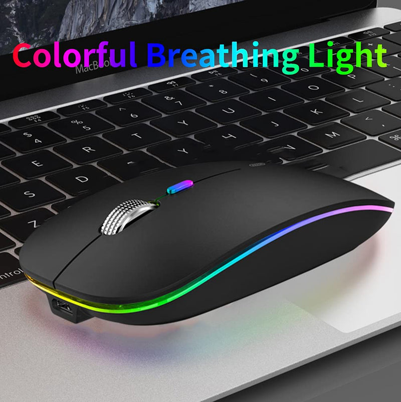 LED Wireless Mouse, Uiosmuph G12 Slim Rechargeable Wireless Silent Mouse, 2.4G Portable USB Optical Wireless Computer Mice with USB Receiver and Type C Adapter (Matte Black) Matte Black