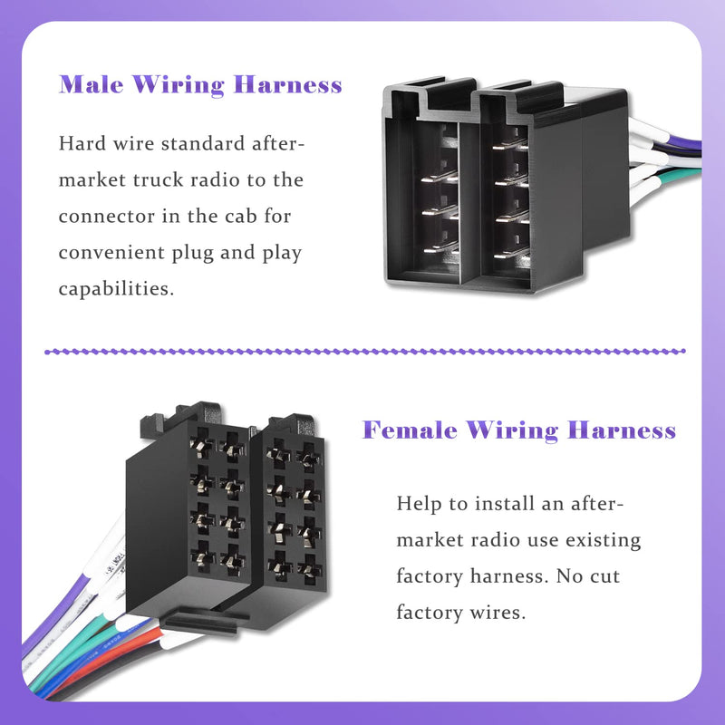 16 Pin ISO Radio Wire Harness Adapter (Pair, Male & Female) Fits for Peterbilt Freightliner Semi Truck International Volvo Sterling Mack Kenworth Stereo