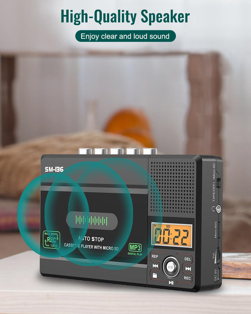 Portable Cassette Tape Player Recorder, Walkman Audio Cassette to Digital Converter via USB C or SD Card, LCD Dispaly, Build-in Microphone, Headphone Jack, Speaker, 16GB SD Card