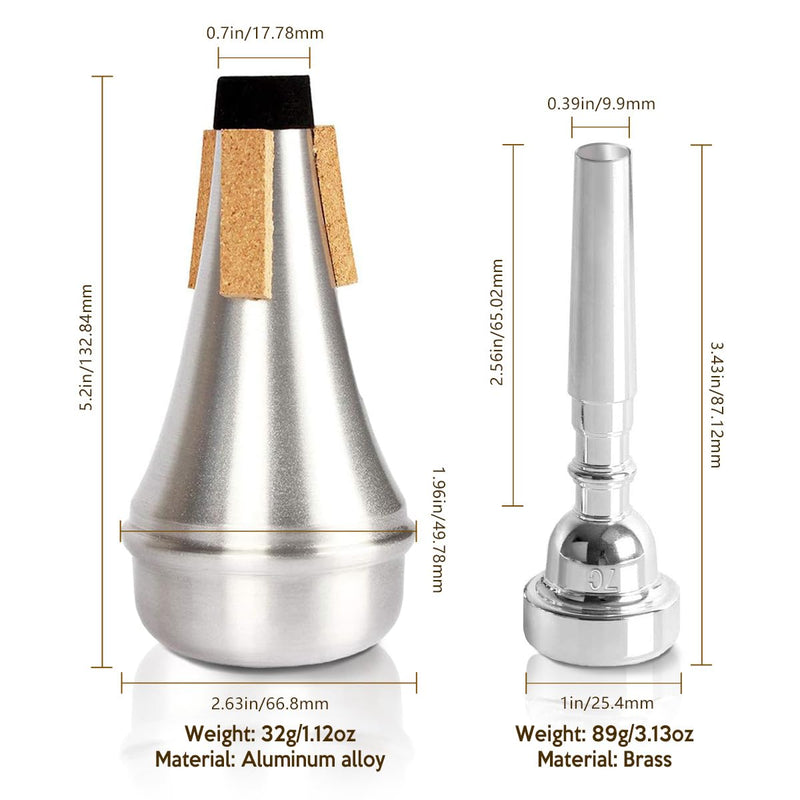 [AUSTRALIA] - 3 Pack Trumpet Mouthpiece (3C 5C 7C) with Lightweight Aluminum Practice Trumpet Mute Silencer Fit for Yamaha Bach Conn King Replacement Musical Instruments Accessories, Silver 