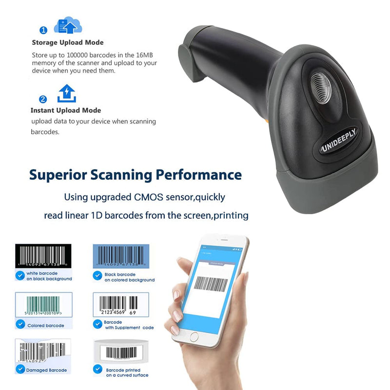 [AUSTRALIA] - 1D CCD 2.4G Wireless Bar Code Scanner Versatile 2 in 1 (Wireless+USB Wired), UNIDEEPLY Automatic Barcode Reader Scanner 196 Feet Indoor Transmission Distance, Scanning Gun for PC Computers, Black 