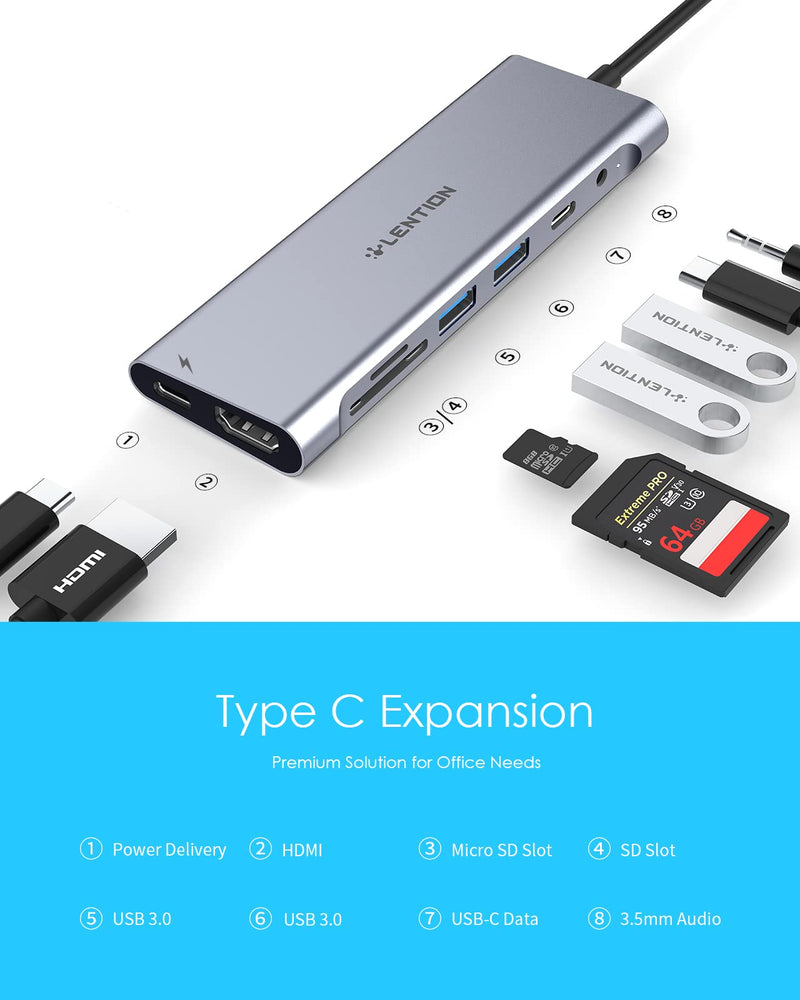 LENTION 3.3FT Long Cable USB C Hub with 4K HDMI, 2 USB 3.0, Card Reader, Aux, Type C Data/Charging Compatible 2022-2016 MacBook Pro, Mac Air/Surface, More, Stable Driver Adapter (CB-C37, Space Gray)