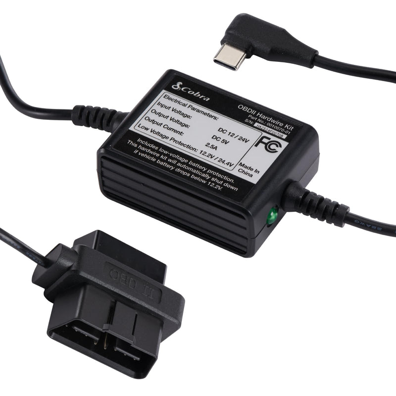 Cobra 2.5A DIY Hardwire Kit, OBDII to USB-C/Micro-USB with 15ft Cable | Compatible With SC 400D, SC 250R and Other Dash Cam Models