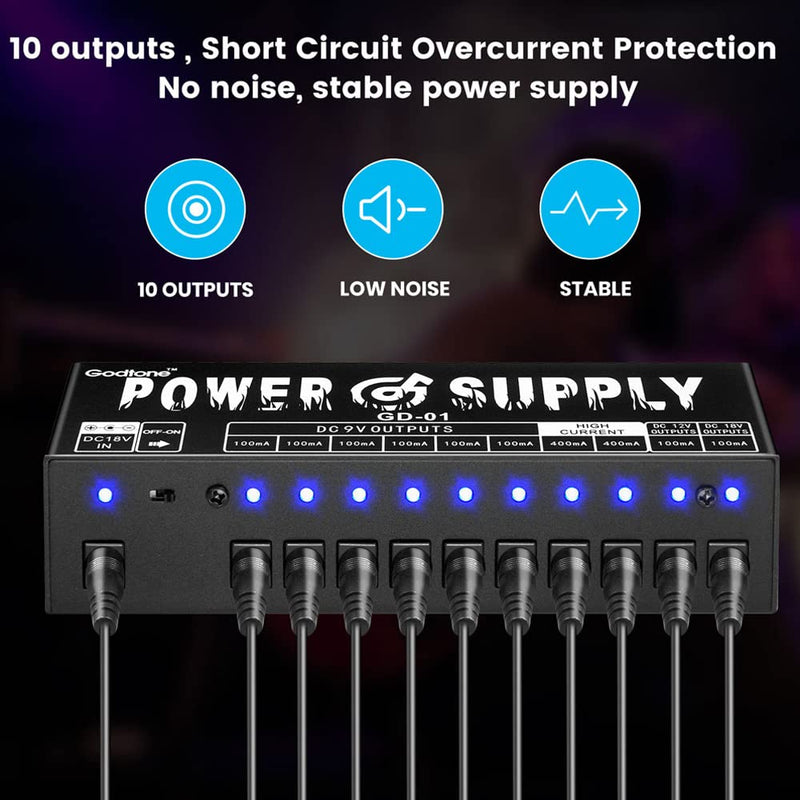 Guitar Effect Pedal 10 DC Output for 9V 12V 18V Pedals Power Supply with Short Circuit Overcurrent Protection Separate GD-01