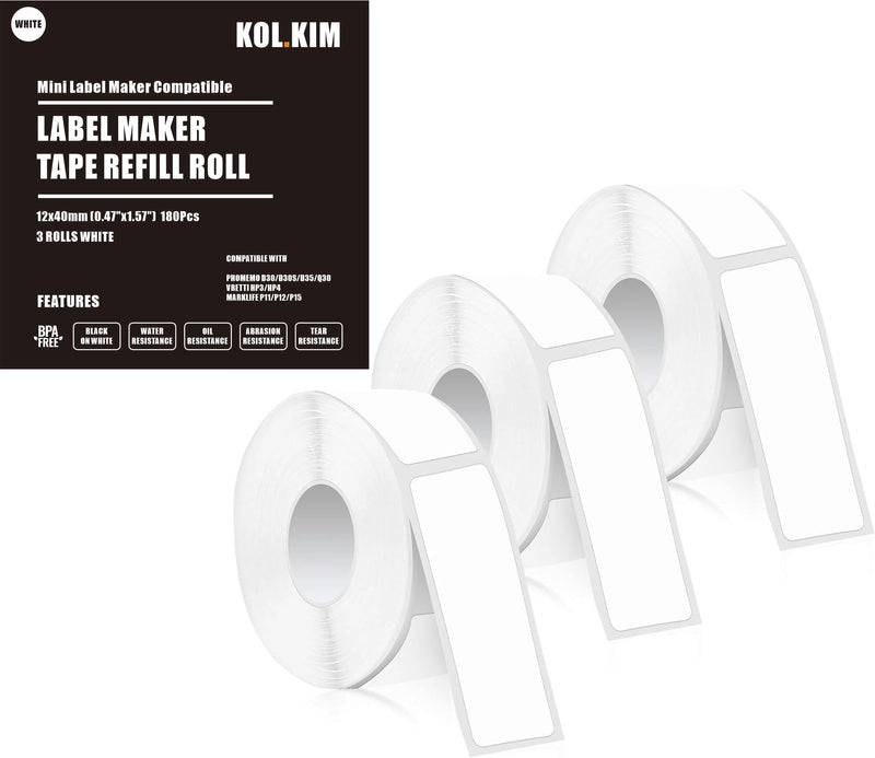[AUSTRALIA] - D30 Label Tape, 540 Labels 12x40mm White Thermal Label Paper for Phomemo D30 Labels Tape Printer Maker Tape Refill Replacement for Print Master D30 Labels Refill 12mm x 40mm (0.47 x 1.57 Inch) White 12 X 40 Mm White 3 Rolls 