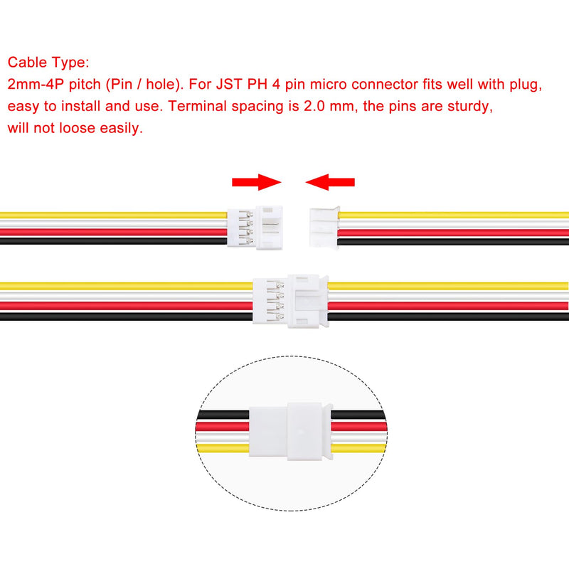Lyeteung 15 Pairs JST 2.0 PH 4 Pin Connectors, Mini Micro JST PH 2.0mm 4-Pin Female and Male with 150mm 22AWG Cable Wire 4 Pin + Cable